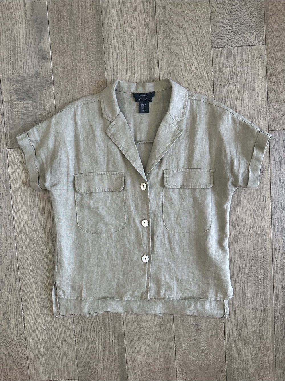 Tahari Linen Camp-Collar Button Shirt — Light Taupe